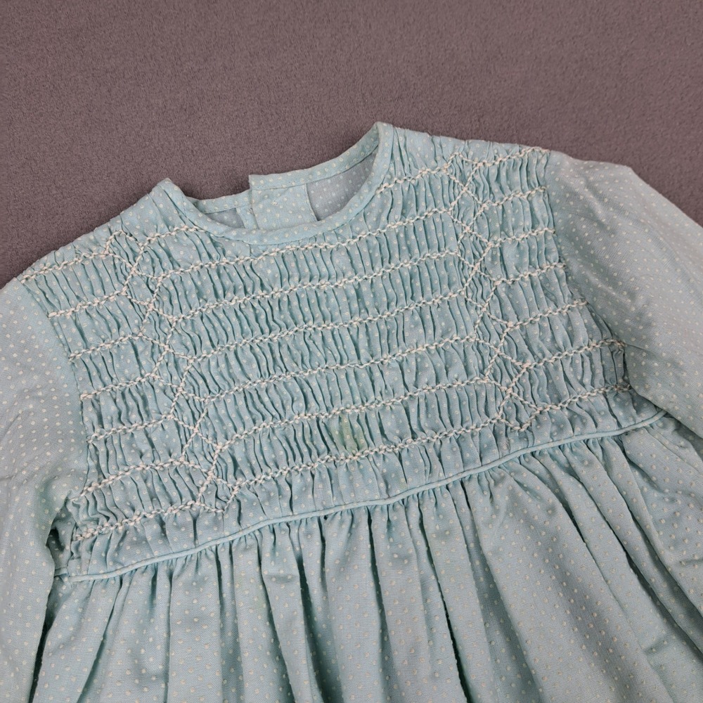 Vintage Handmade Girls Dress Size 4-5 Blue White Lace‎ Trimmed Polka Dot 50s 60s - Picture 2 of 15